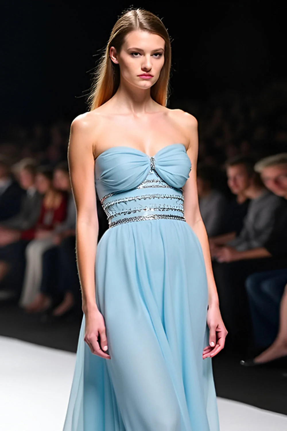 Elegancka sukienka galowa A Line Sweetheart z marszczeniami Szary Niebieski - Image 6