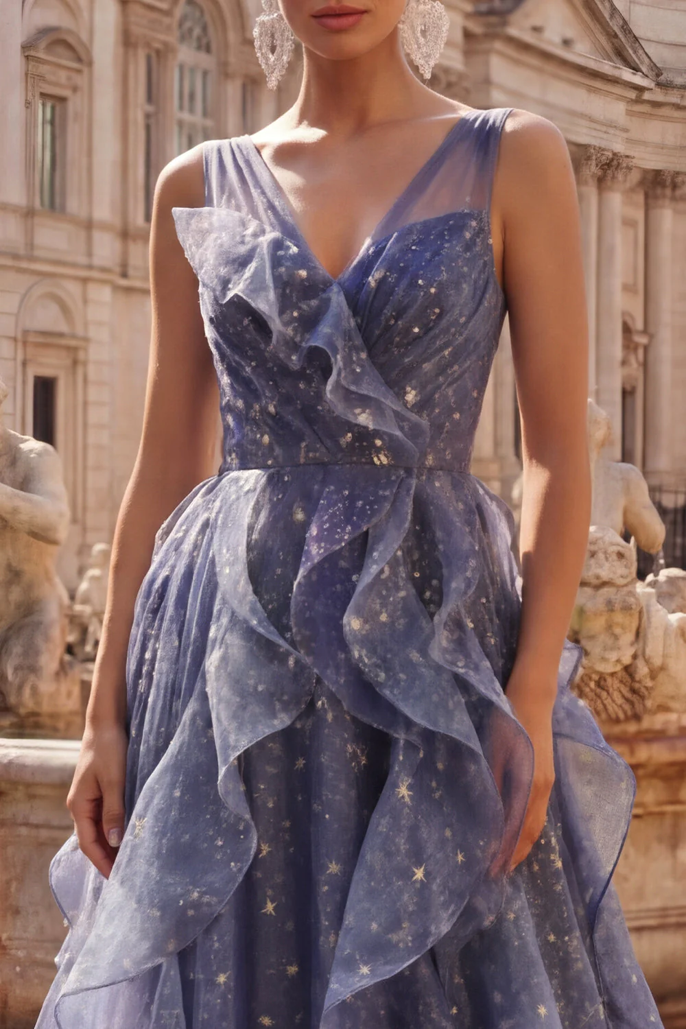 Elegancka sukienka na bal z tiulem w serek w kolorze Starry, Blue, Dusty Blue z falbanami w kształcie piętrówek - Image 7