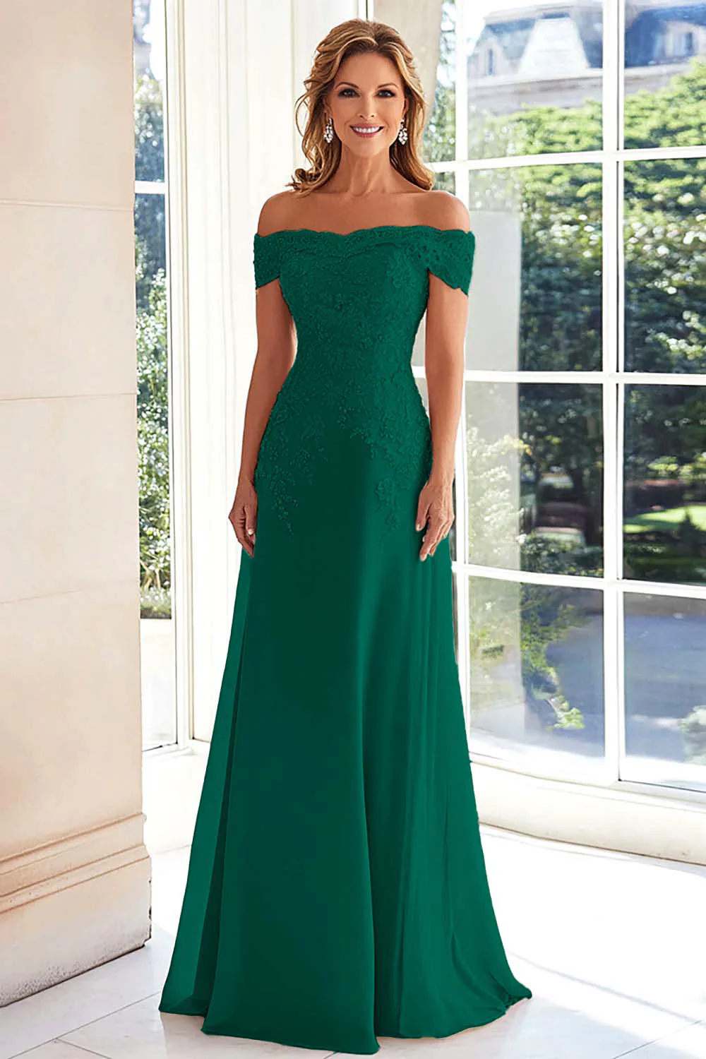 Elegancka Taupe Off Off Shoulder Szyfonowa Pochwa Długa Matka Panny Młodej z Koronkowymi Aplikacjami - Image 11