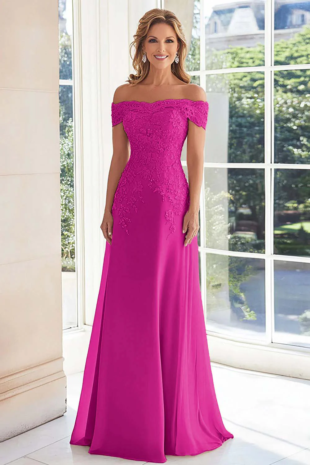 Elegancka Taupe Off Off Shoulder Szyfonowa Pochwa Długa Matka Panny Młodej z Koronkowymi Aplikacjami - Image 13
