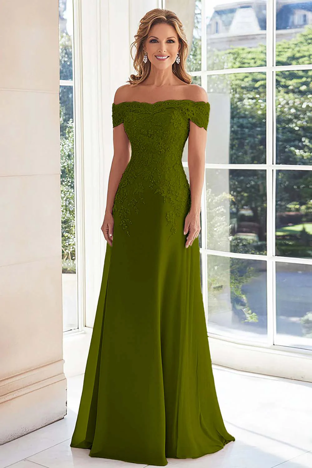 Elegancka Taupe Off Off Shoulder Szyfonowa Pochwa Długa Matka Panny Młodej z Koronkowymi Aplikacjami - Image 15