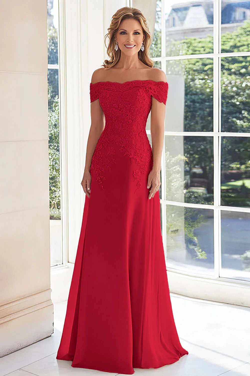 Elegancka Taupe Off Off Shoulder Szyfonowa Pochwa Długa Matka Panny Młodej z Koronkowymi Aplikacjami - Image 16
