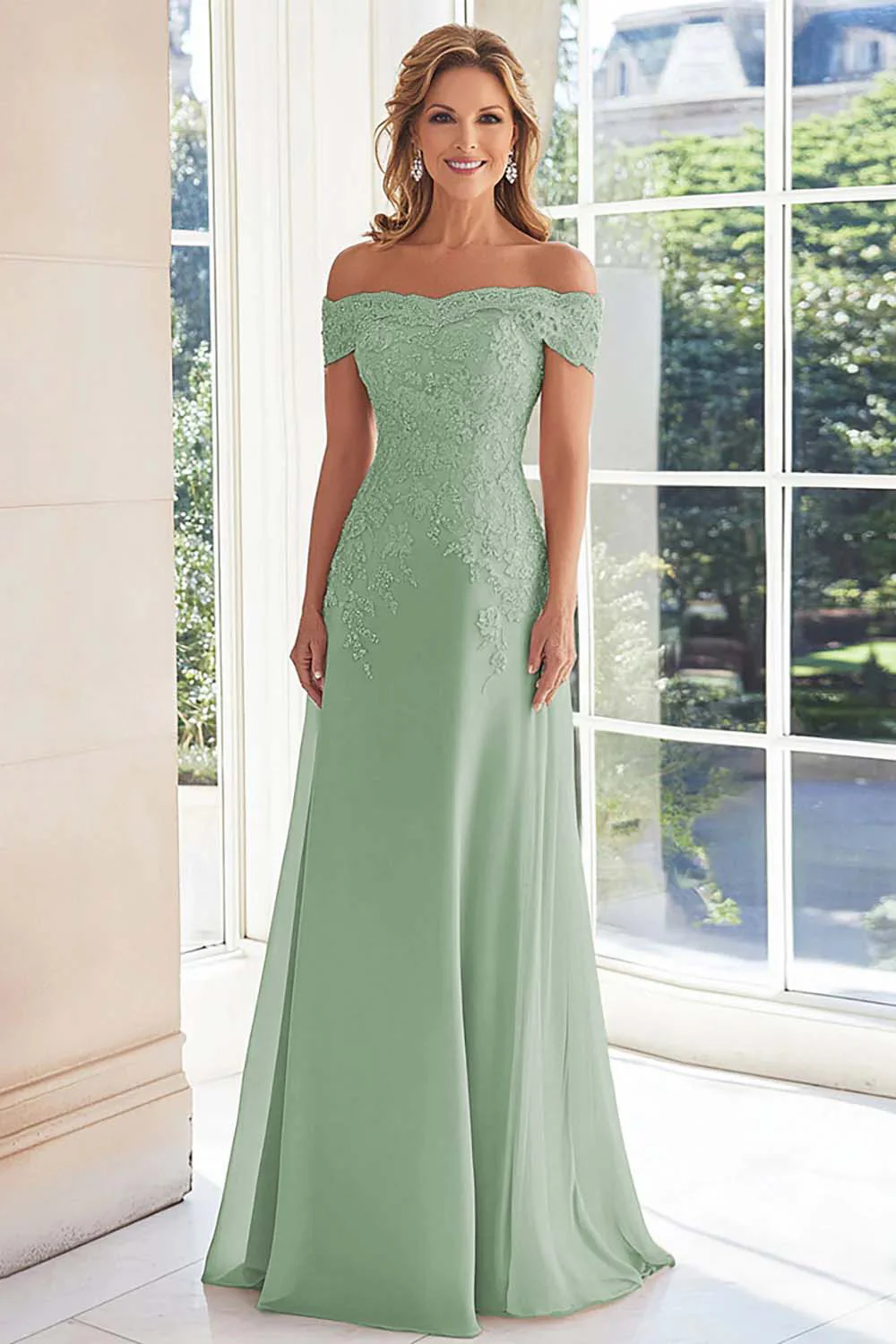Elegancka Taupe Off Off Shoulder Szyfonowa Pochwa Długa Matka Panny Młodej z Koronkowymi Aplikacjami - Image 4