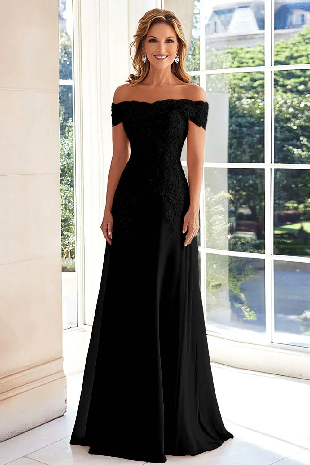 Elegancka Taupe Off Off Shoulder Szyfonowa Pochwa Długa Matka Panny Młodej z Koronkowymi Aplikacjami - Image 6