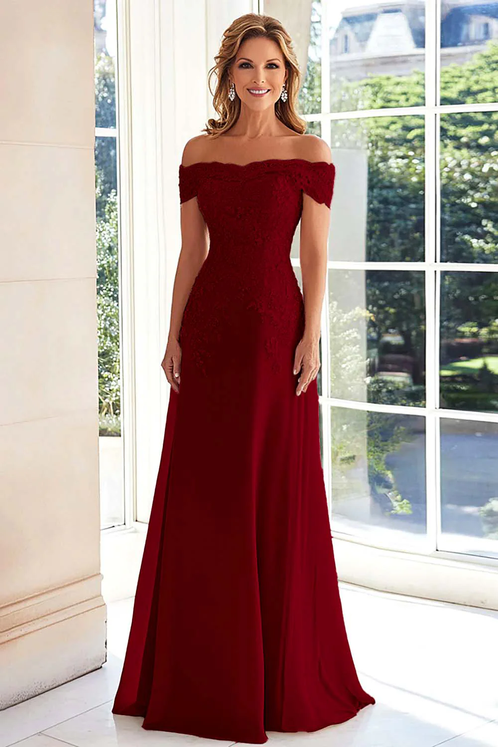 Elegancka Taupe Off Off Shoulder Szyfonowa Pochwa Długa Matka Panny Młodej z Koronkowymi Aplikacjami - Image 8