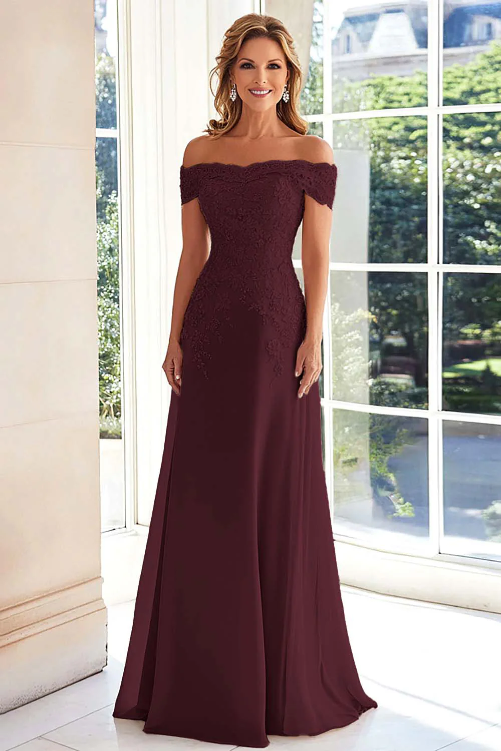 Elegancka Taupe Off Off Shoulder Szyfonowa Pochwa Długa Matka Panny Młodej z Koronkowymi Aplikacjami - Image 9