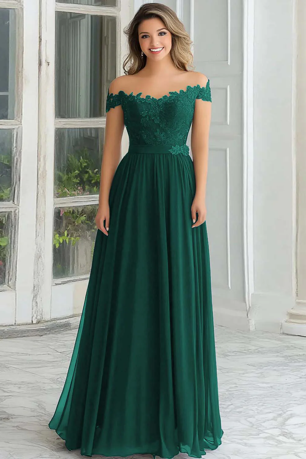 Elegancka Zakurzony Błękit Szyfonowa Długa Sukienka Z Odkrytymi Ramionami Dla Matki Panny Młodej Z Koronkowymi Aplikacjami - Image 5