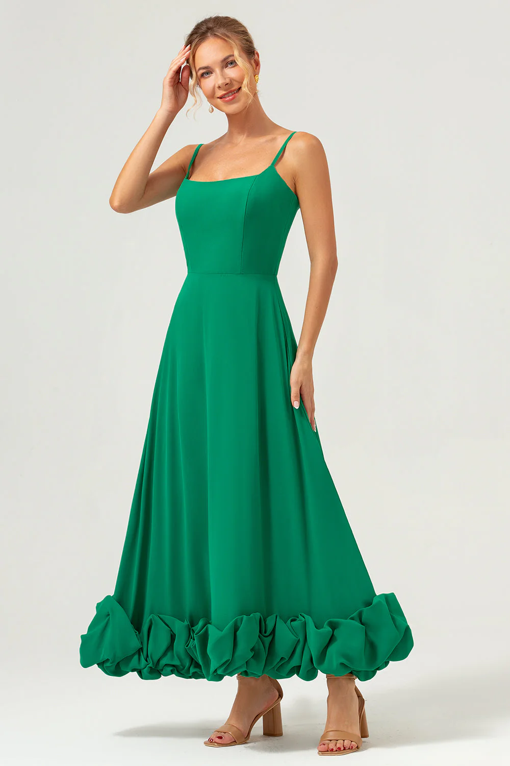 Elegancka zielona linia Spaghetti na ramiączkach Szyfonowa długa Sukienka Dla Swiadkowej - Image 3