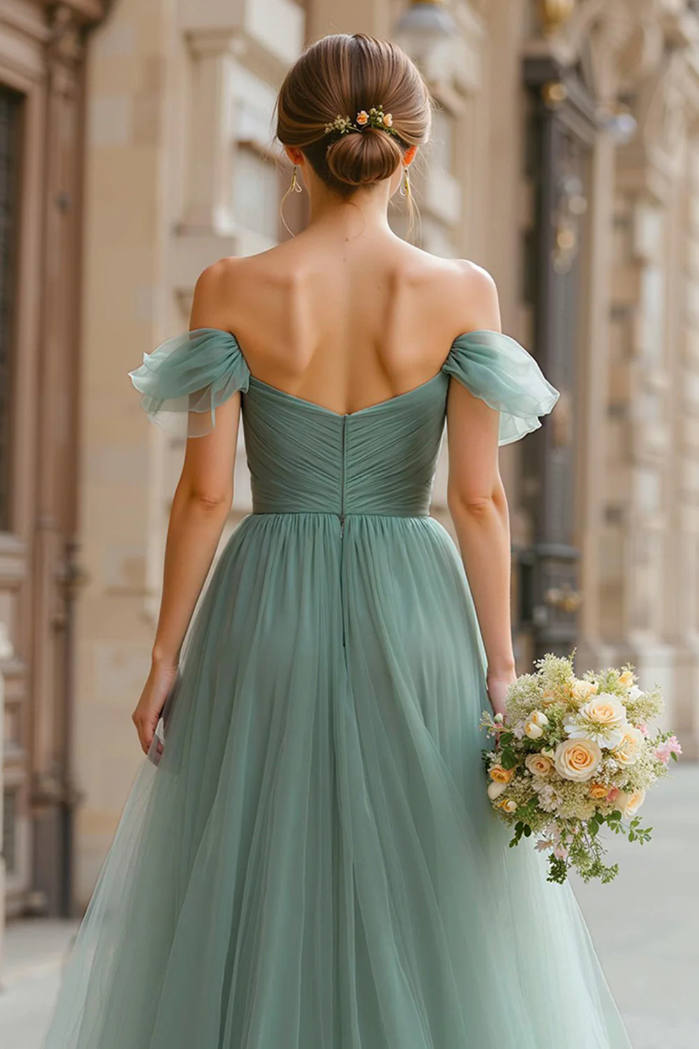 Eucalyptus Maxi A Line Off the Shoulder Bridesmaid Dress - Image 4