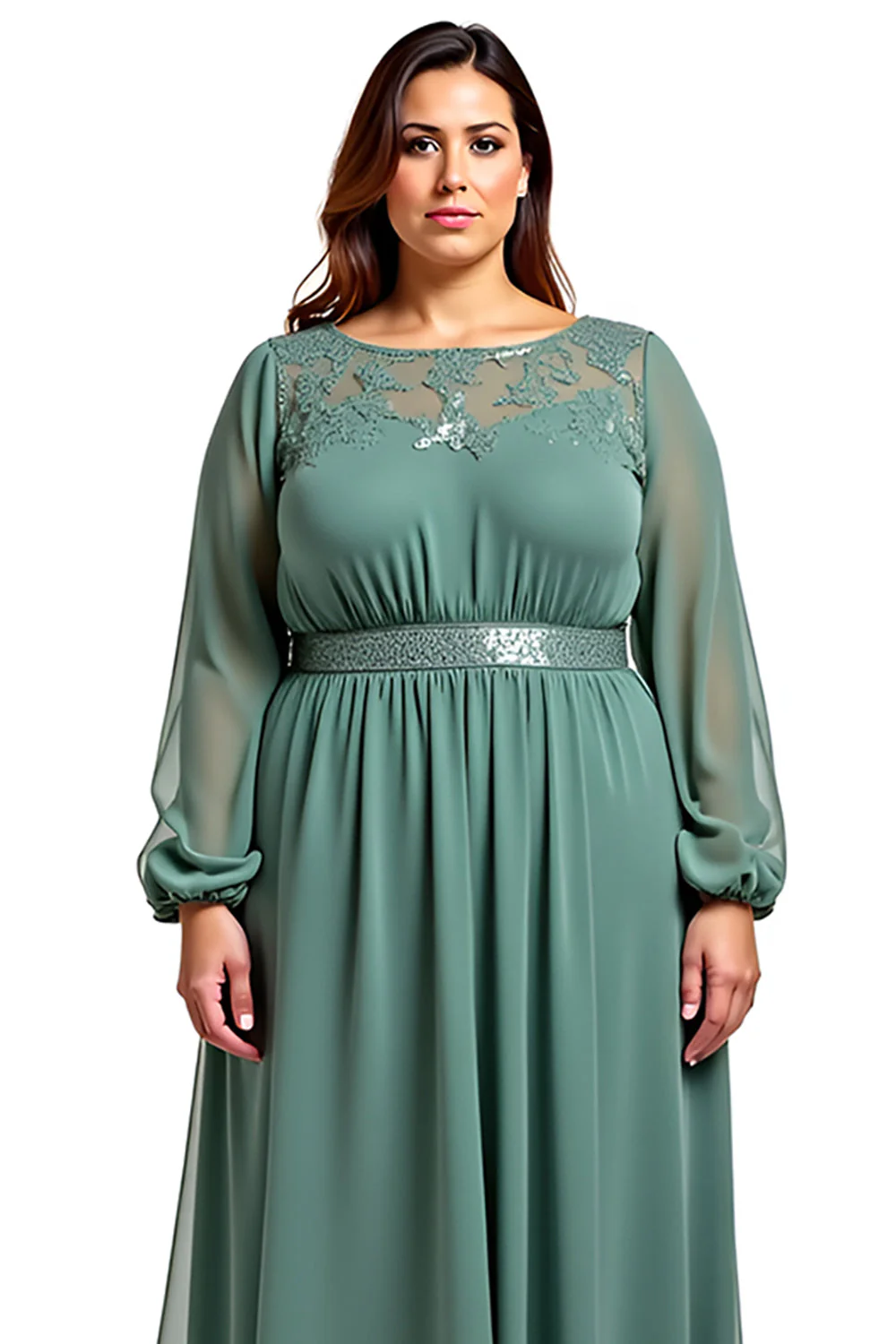 Eukaliptus Plus Size Szyfon Długa Sukienka Na Wesele z Koronki - Image 3