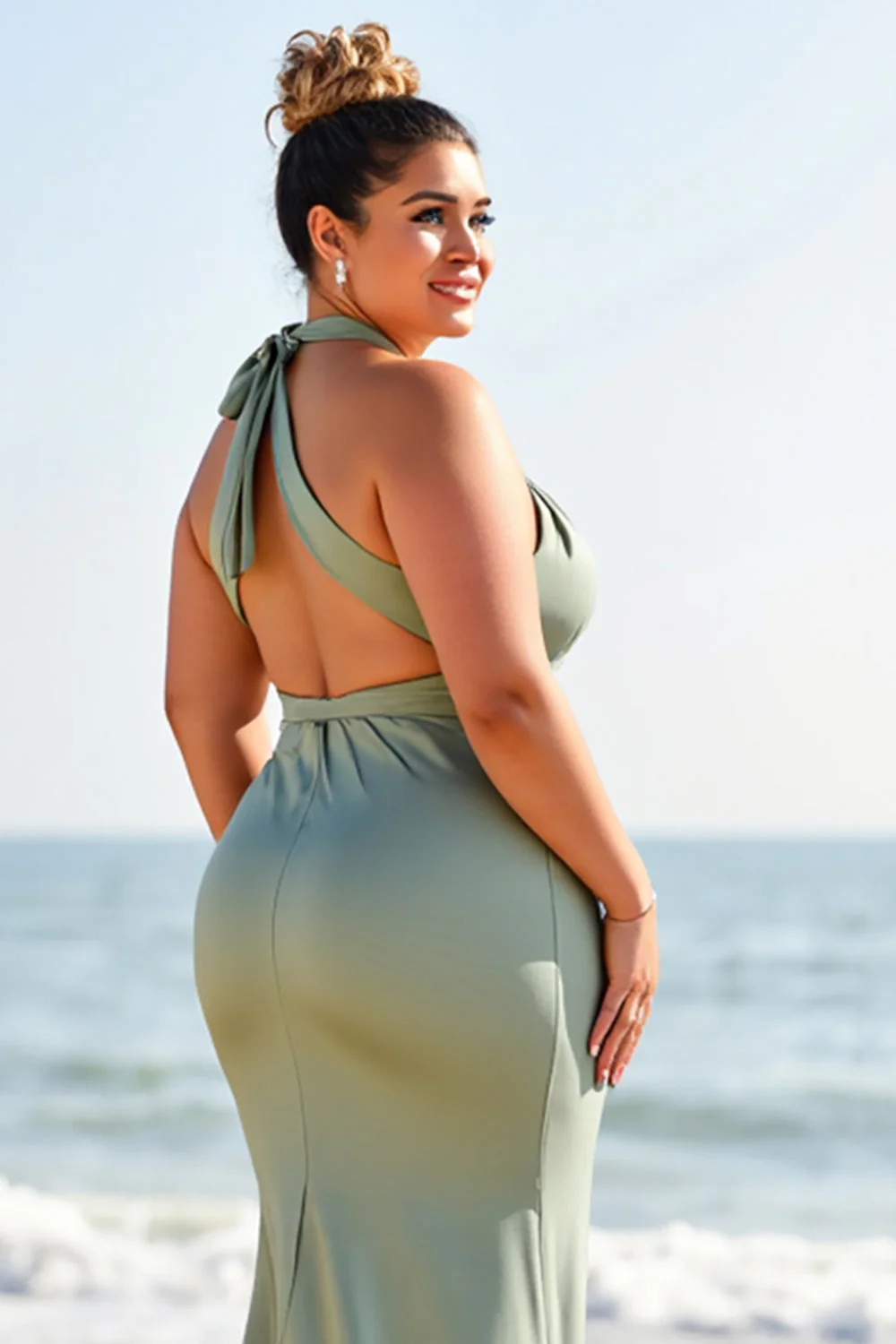 Eukaliptus Plus Size Syrenka Długa Sukienka Druhny Z Rozcięciem - Image 4