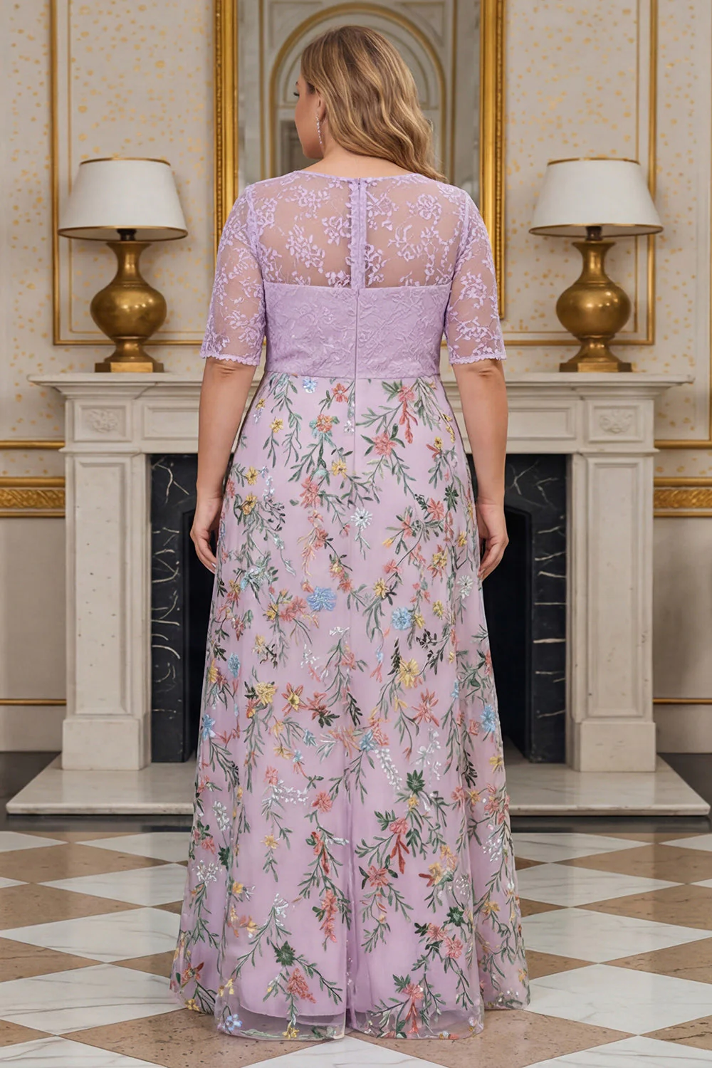 Filiowa Floral A Line z haftem w rozmiarze plus size Sukienka matki panny młodej z półrękawami - Image 2