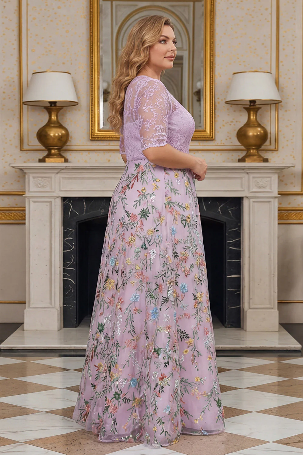 Filiowa Floral A Line z haftem w rozmiarze plus size Sukienka matki panny młodej z półrękawami - Image 3