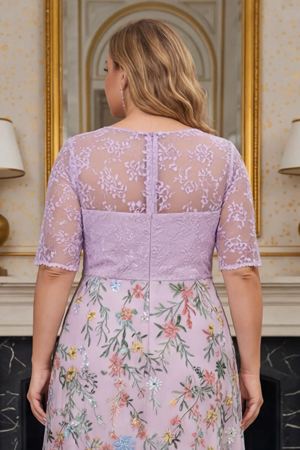Filiowa Floral A Line z haftem w rozmiarze plus size Sukienka matki panny młodej z półrękawami - Image 5