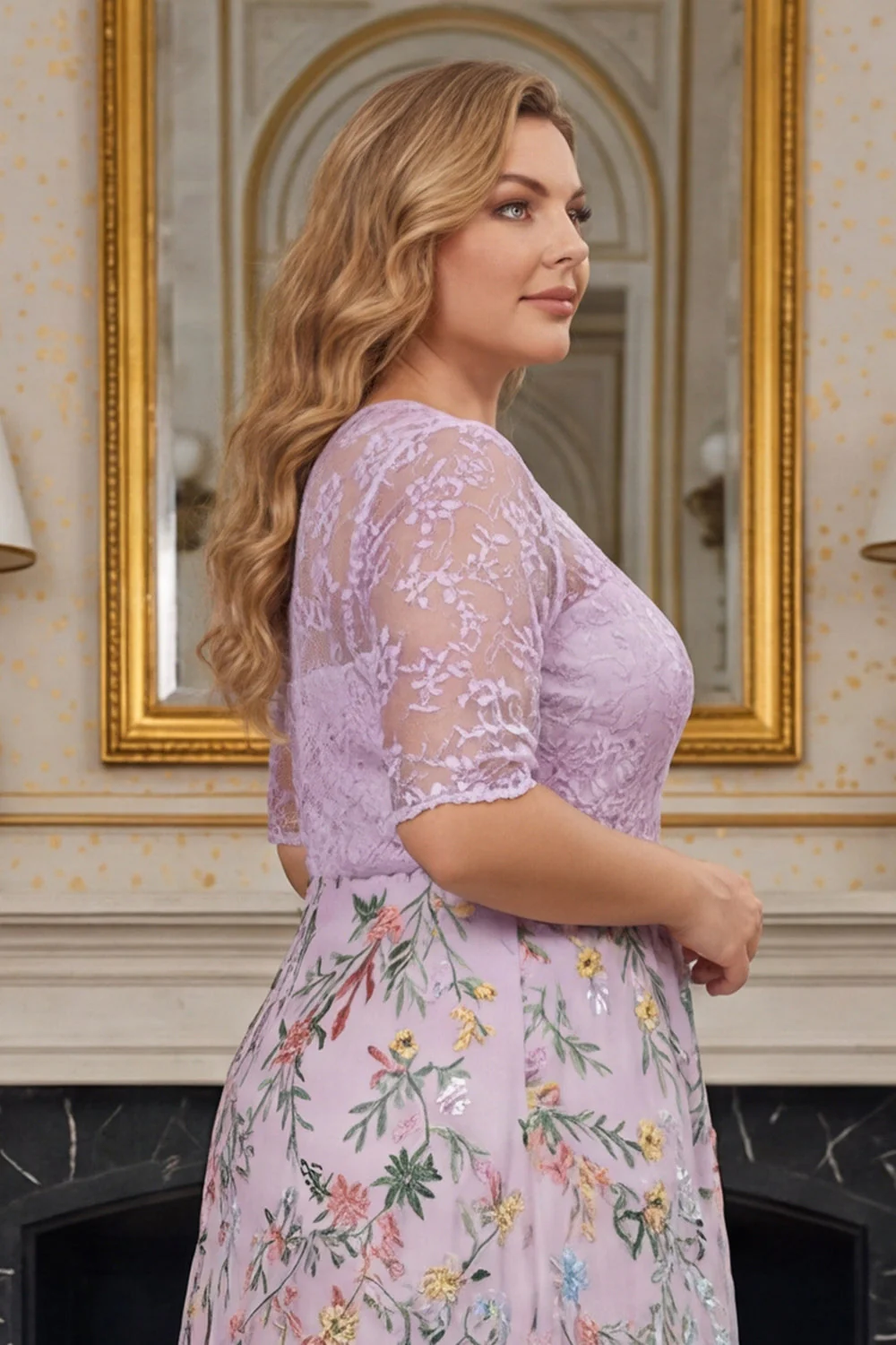 Filiowa Floral A Line z haftem w rozmiarze plus size Sukienka matki panny młodej z półrękawami - Image 6