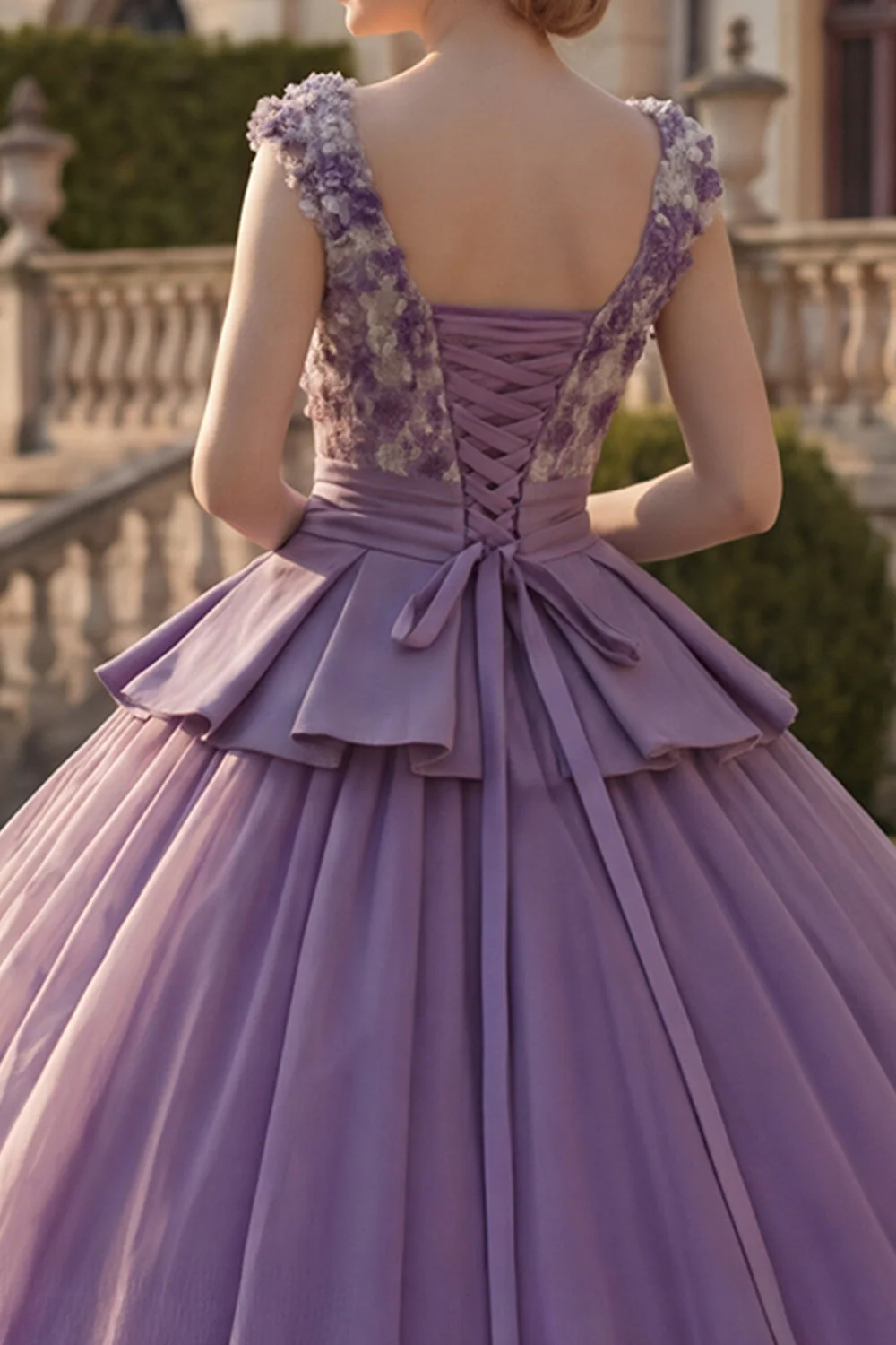 Fioletowa suknia balowa z dekoltem w serek – kwiatowa sukienka na Quinceanera - Image 4