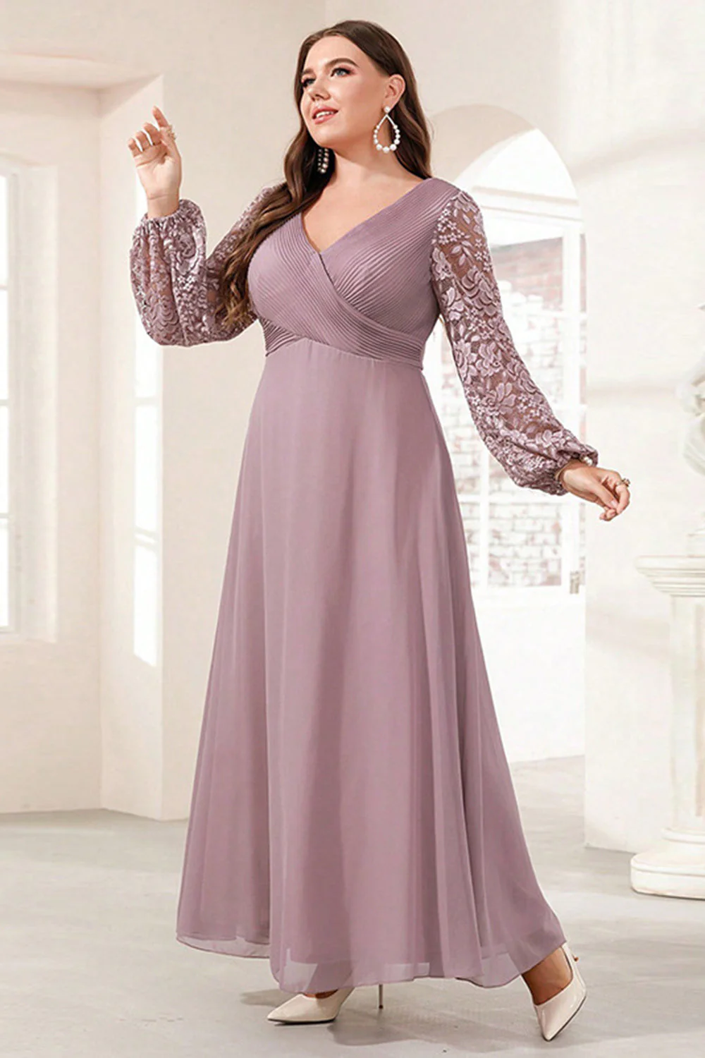 Fioletowa Szyfon Kształcie Litery A Plus Size Długa Sukienki Na Wesele z Appliques - Image 4