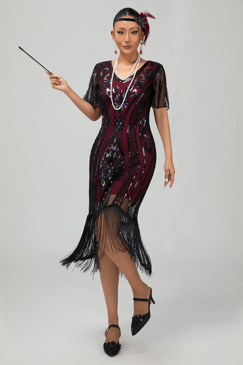 Flapper bordowa cekinowa sukienka bodycon z frędzlami z 1920 roku - Image 3