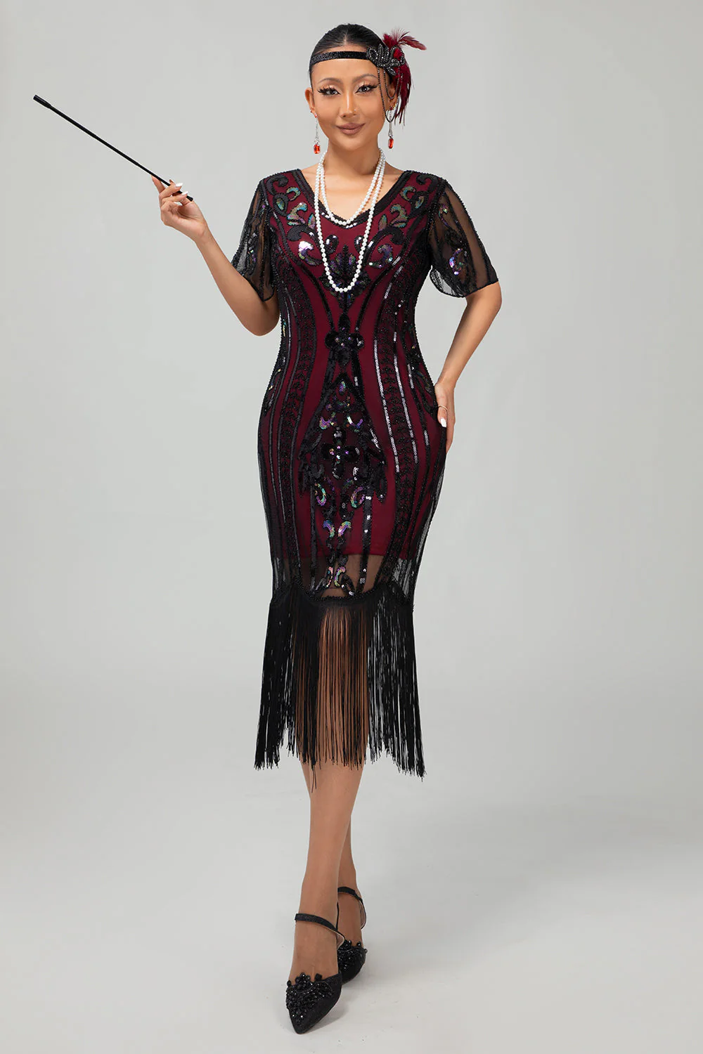 Flapper bordowa cekinowa sukienka bodycon z frędzlami z 1920 roku - Image 4