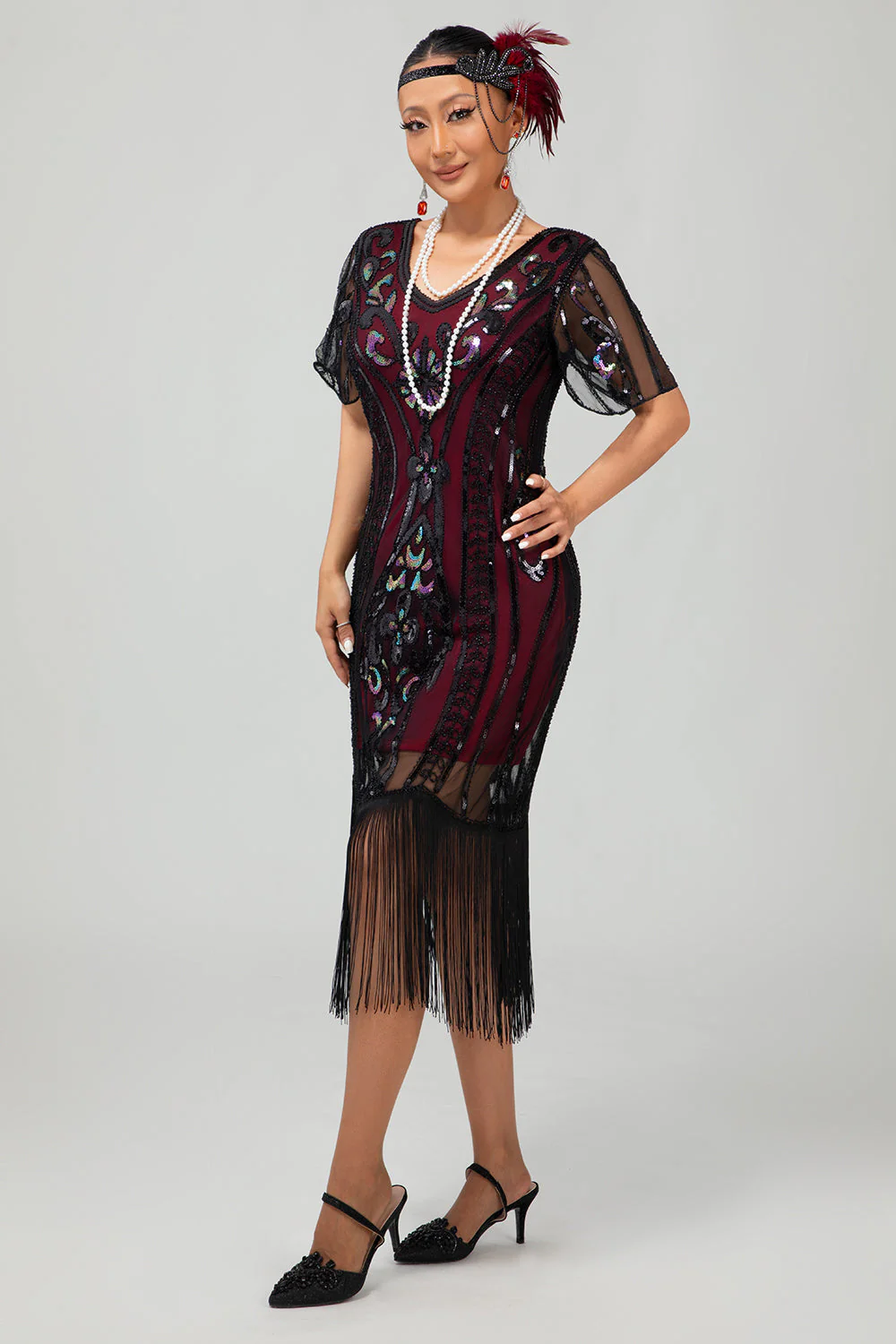 Flapper bordowa cekinowa sukienka bodycon z frędzlami z 1920 roku - Image 5