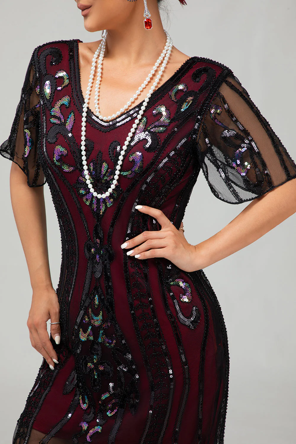 Flapper bordowa cekinowa sukienka bodycon z frędzlami z 1920 roku - Image 6