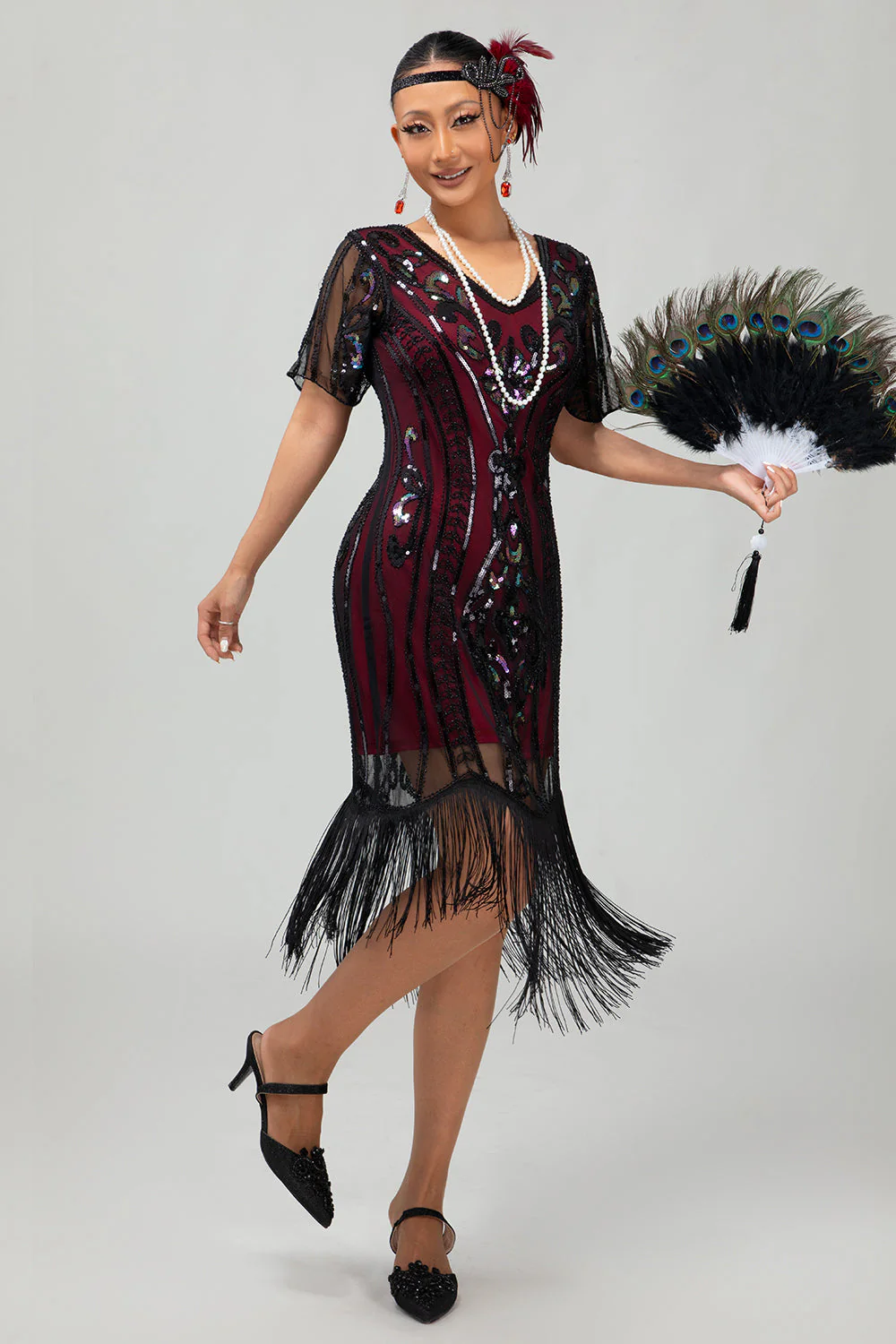 Flapper bordowa cekinowa sukienka bodycon z frędzlami z 1920 roku - Image 8