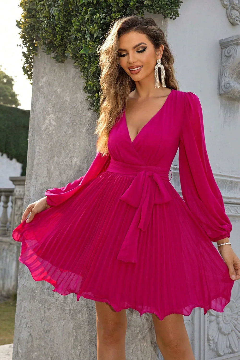 Fuchsia Linia Długie Rękawy Dekolt V Krótka Sukienki Na Impreze - Image 3