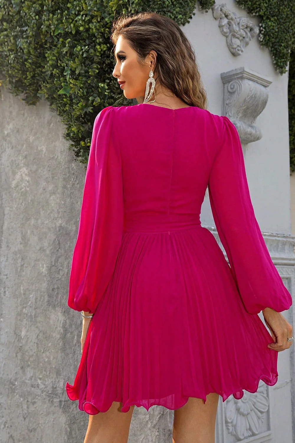 Fuchsia Linia Długie Rękawy Dekolt V Krótka Sukienki Na Impreze - Image 4