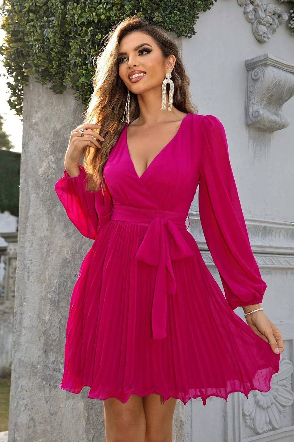 Fuchsia Linia Długie Rękawy Dekolt V Krótka Sukienki Na Impreze - Image 5