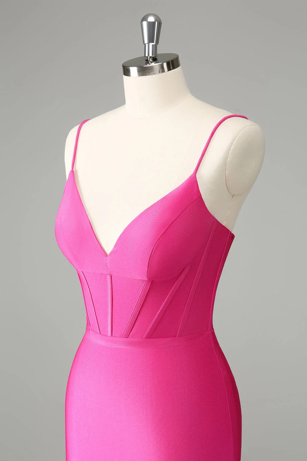 Fuksja Bodycon Cienkich Ramiączkach Satynowa Gorsetowe Sukienka Koktajlowa - Image 3