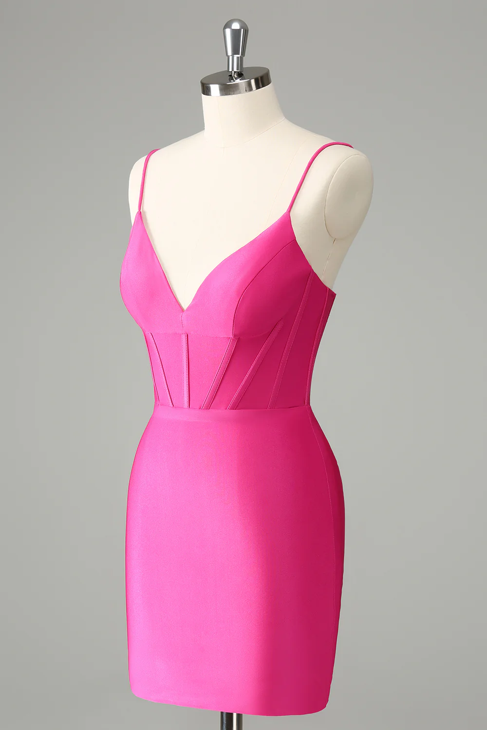 Fuksja Bodycon Cienkich Ramiączkach Satynowa Gorsetowe Sukienka Koktajlowa - Image 4