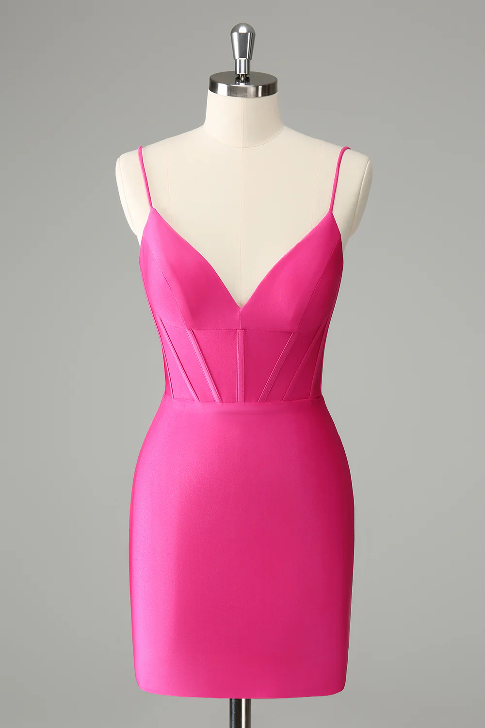 Fuksja Bodycon Cienkich Ramiączkach Satynowa Gorsetowe Sukienka Koktajlowa - Image 6