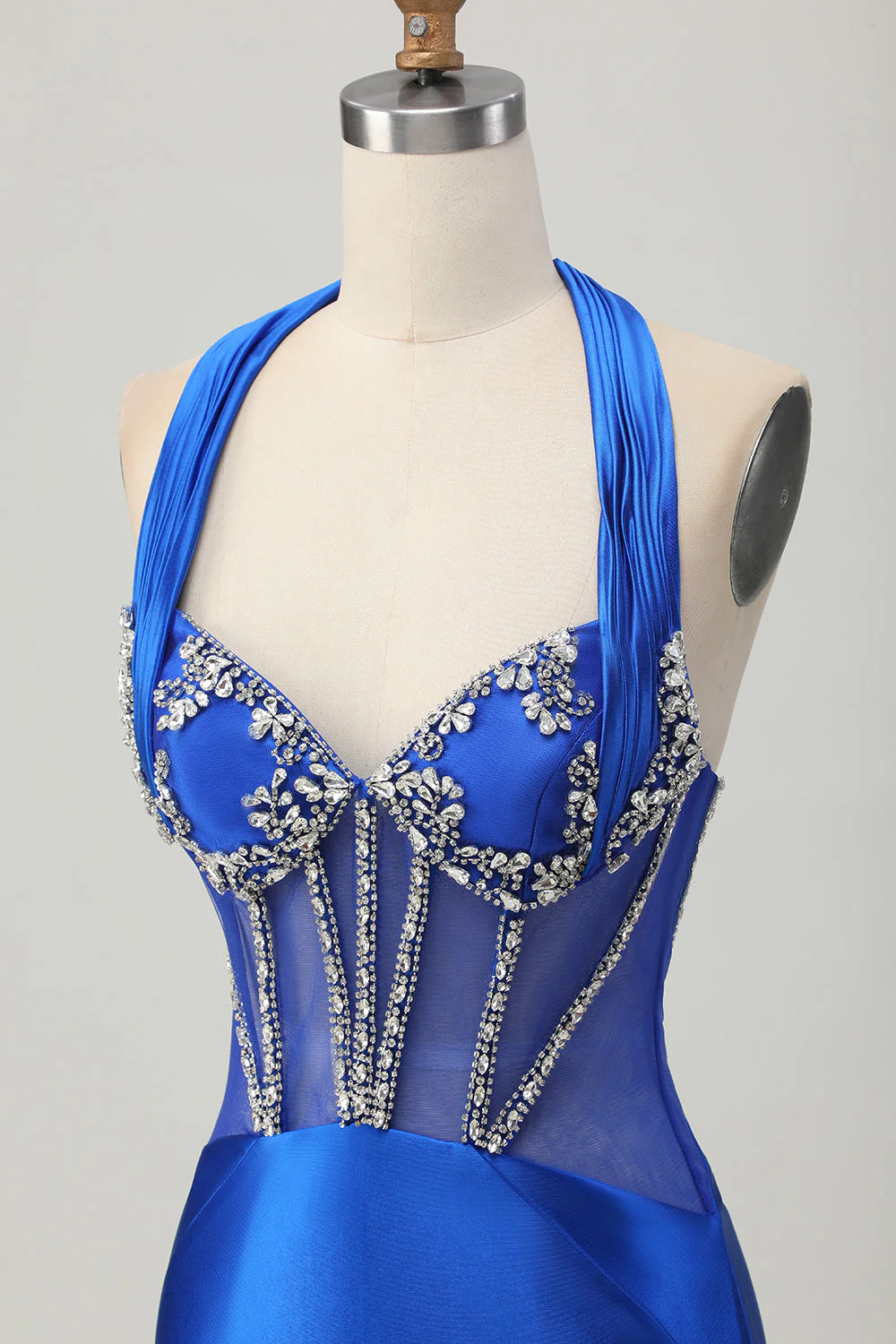 Fuksja Bodycon Halter Satynowa Sukienka bez pleców z cyrkoniami - Image 11