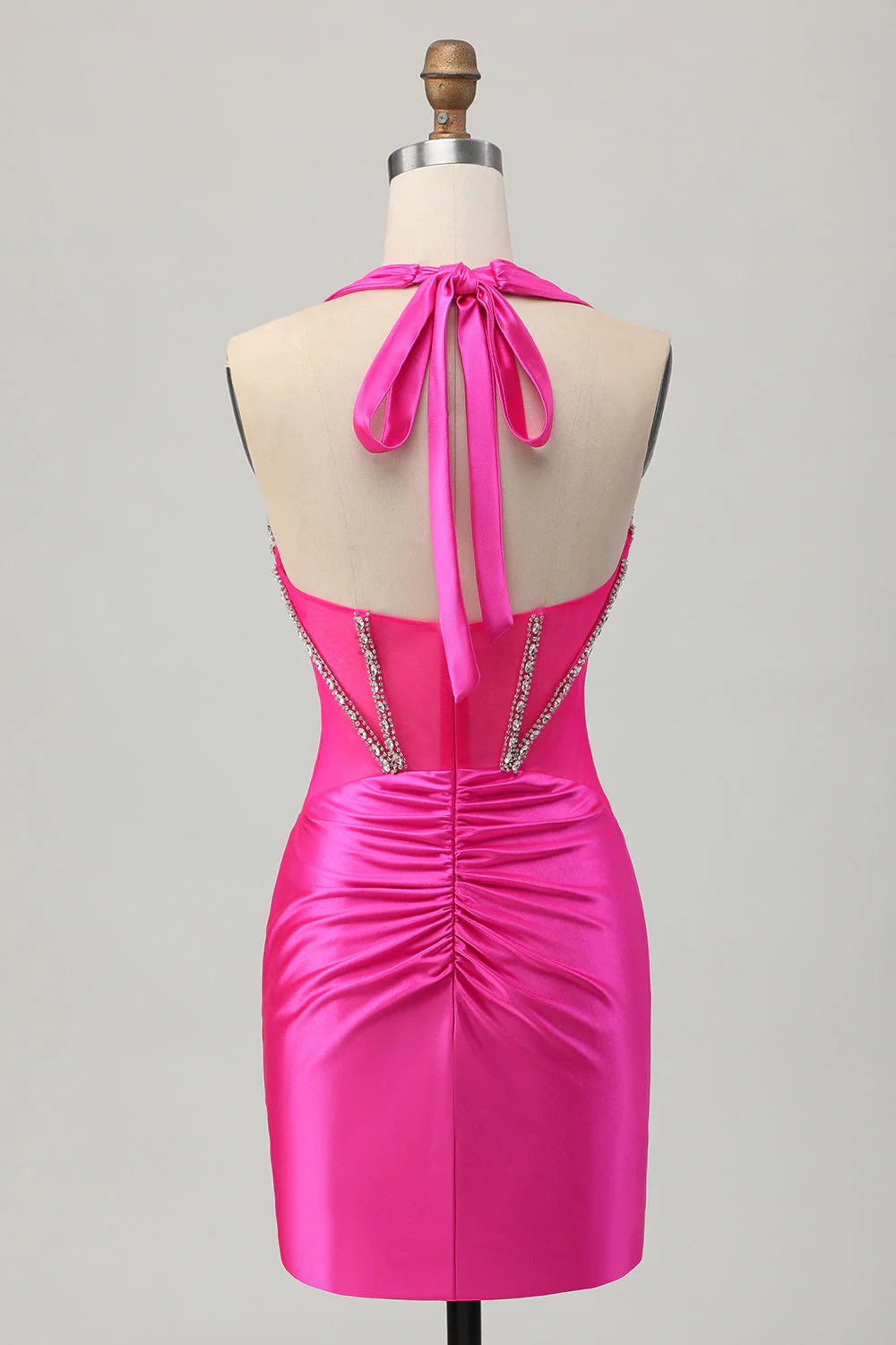 Fuksja Bodycon Halter Satynowa Sukienka bez pleców z cyrkoniami - Image 2