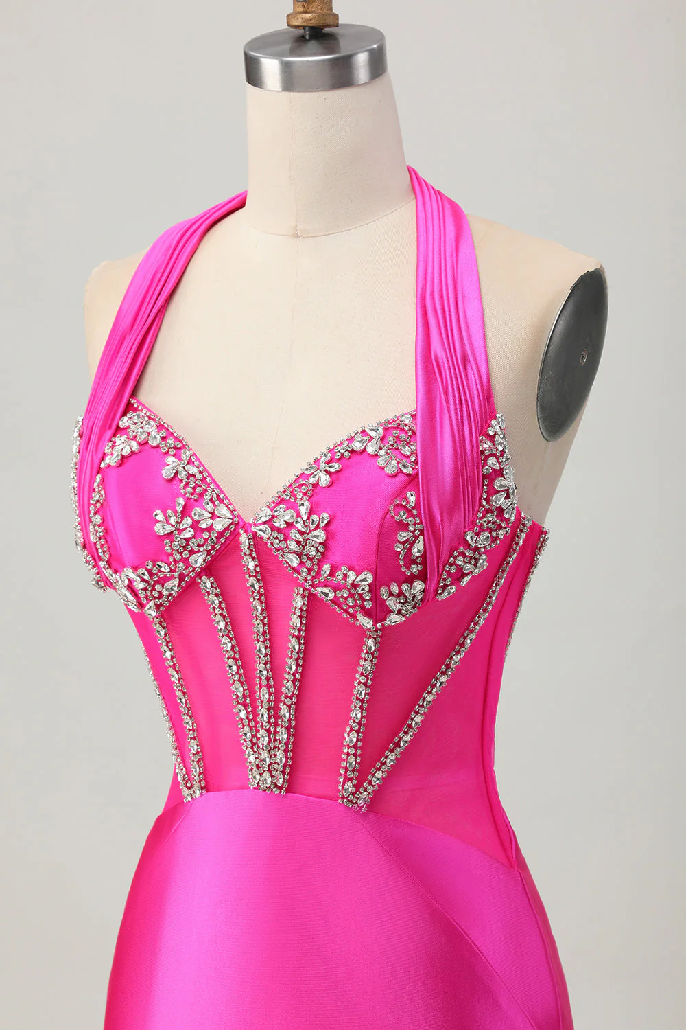 Fuksja Bodycon Halter Satynowa Sukienka bez pleców z cyrkoniami - Image 5