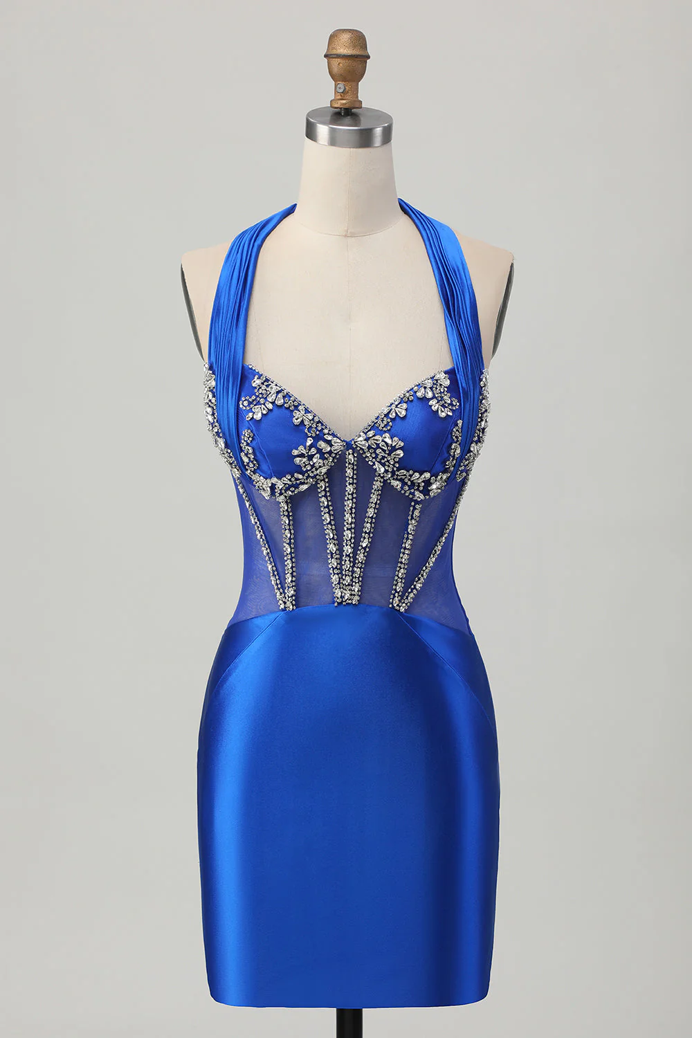 Fuksja Bodycon Halter Satynowa Sukienka bez pleców z cyrkoniami - Image 7