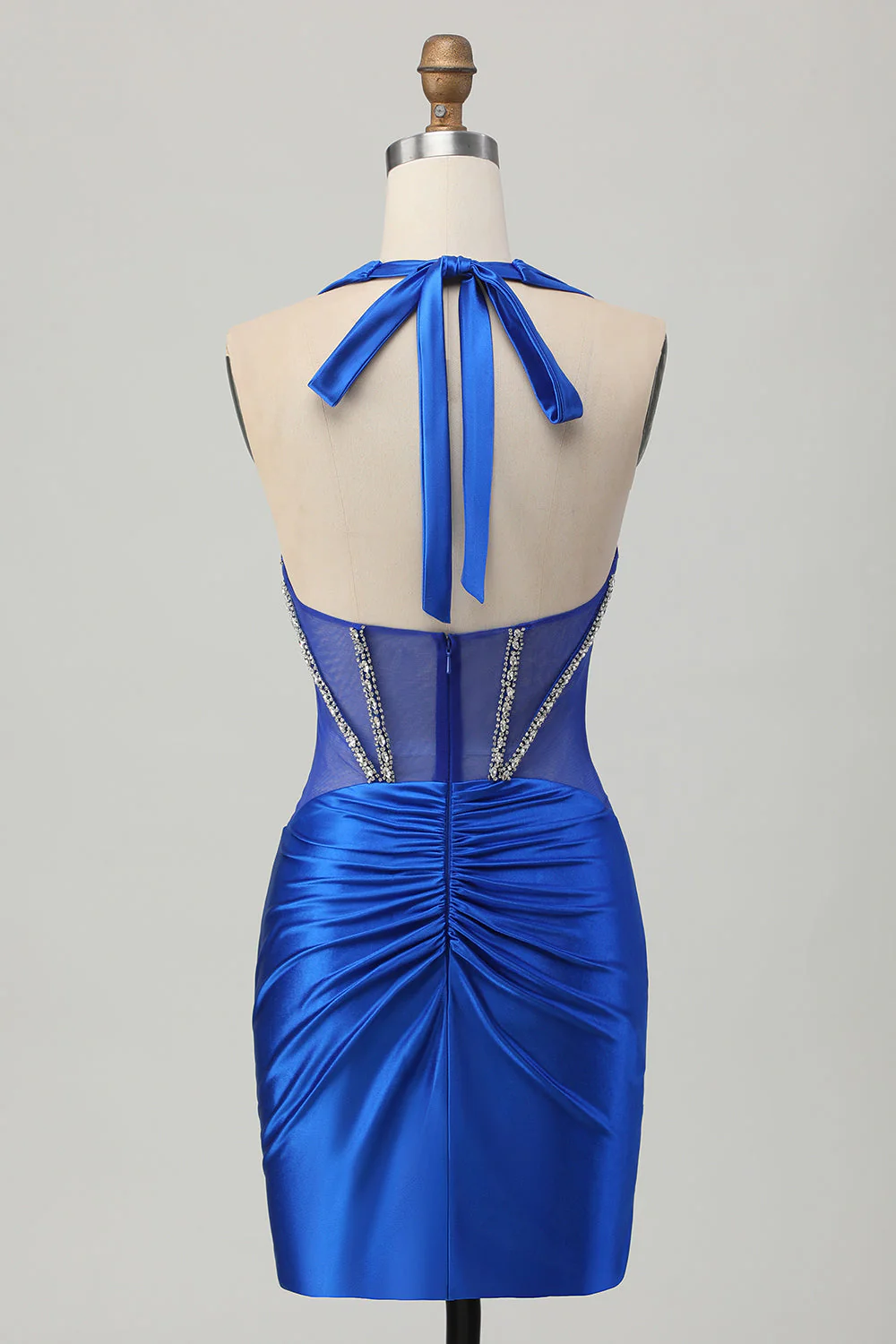 Fuksja Bodycon Halter Satynowa Sukienka bez pleców z cyrkoniami - Image 8