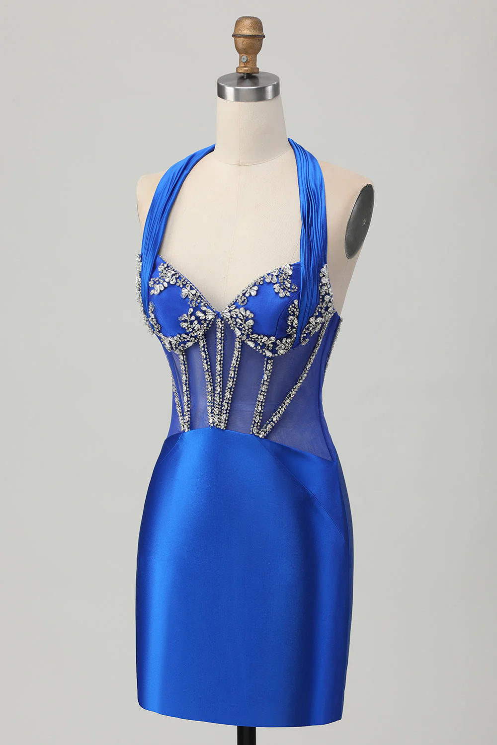 Fuksja Bodycon Halter Satynowa Sukienka bez pleców z cyrkoniami - Image 9