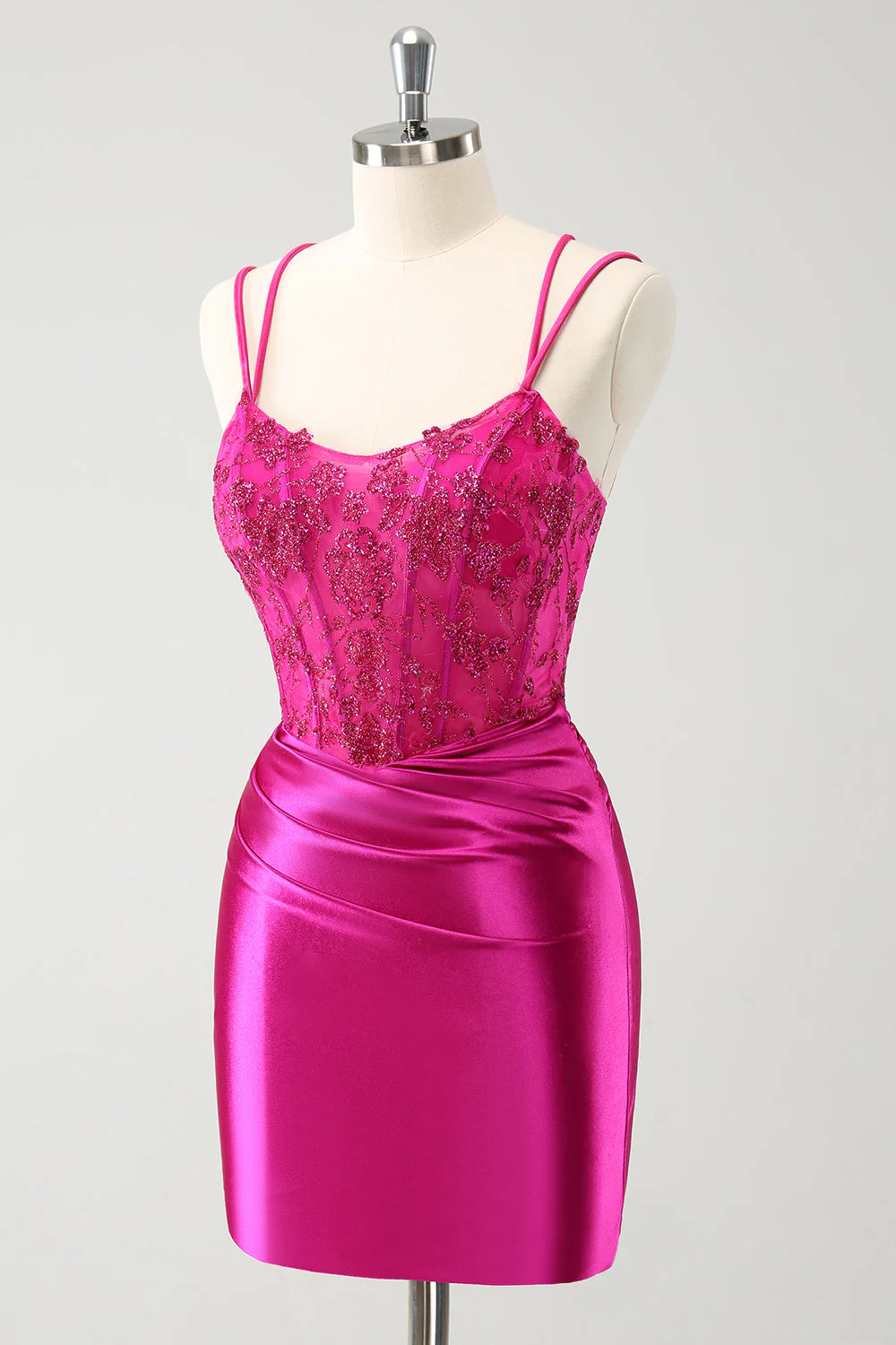 Fuksja Bodycon Spaghetti Ramiączka Koraliki Satynowa Krótka Sukienka Na Powrót Do Domu - Image 3