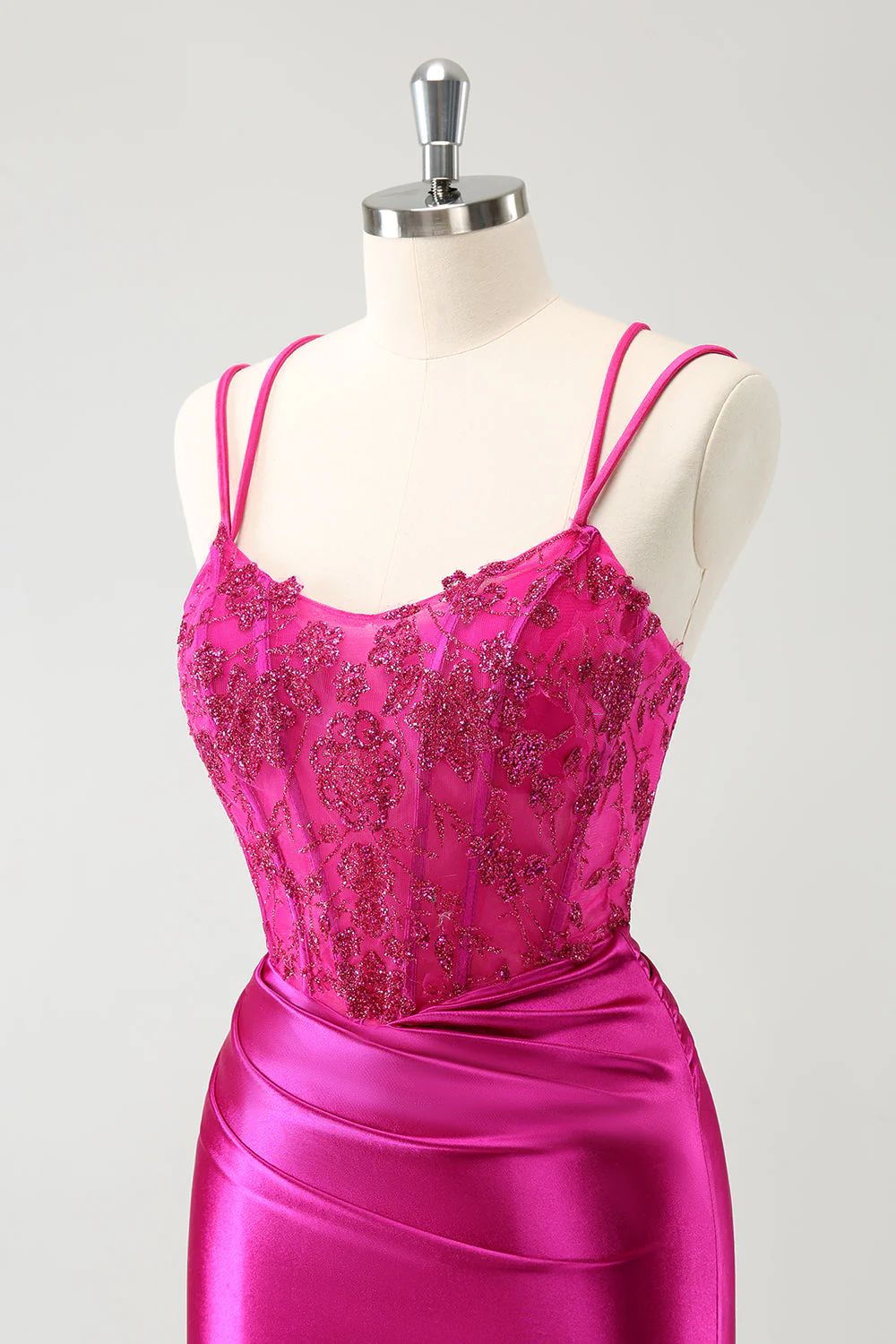 Fuksja Bodycon Spaghetti Ramiączka Koraliki Satynowa Krótka Sukienka Na Powrót Do Domu - Image 6