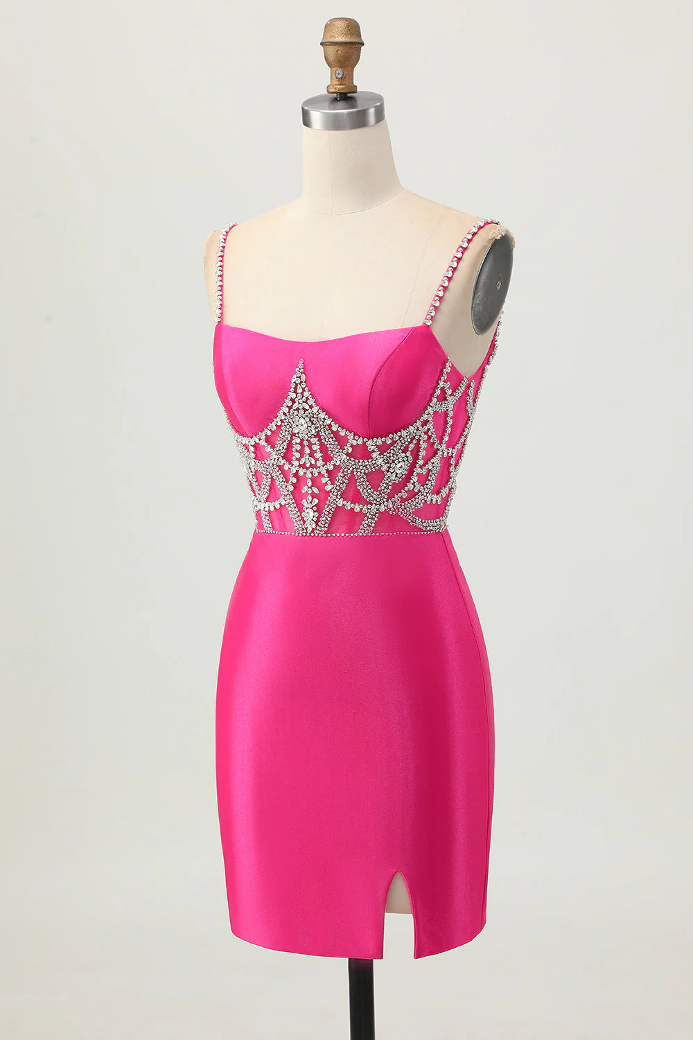 Fuksja Bodycon Spaghetti Ramiączka Satynowa Sukienka Homecoming z rozcięciem - Image 3