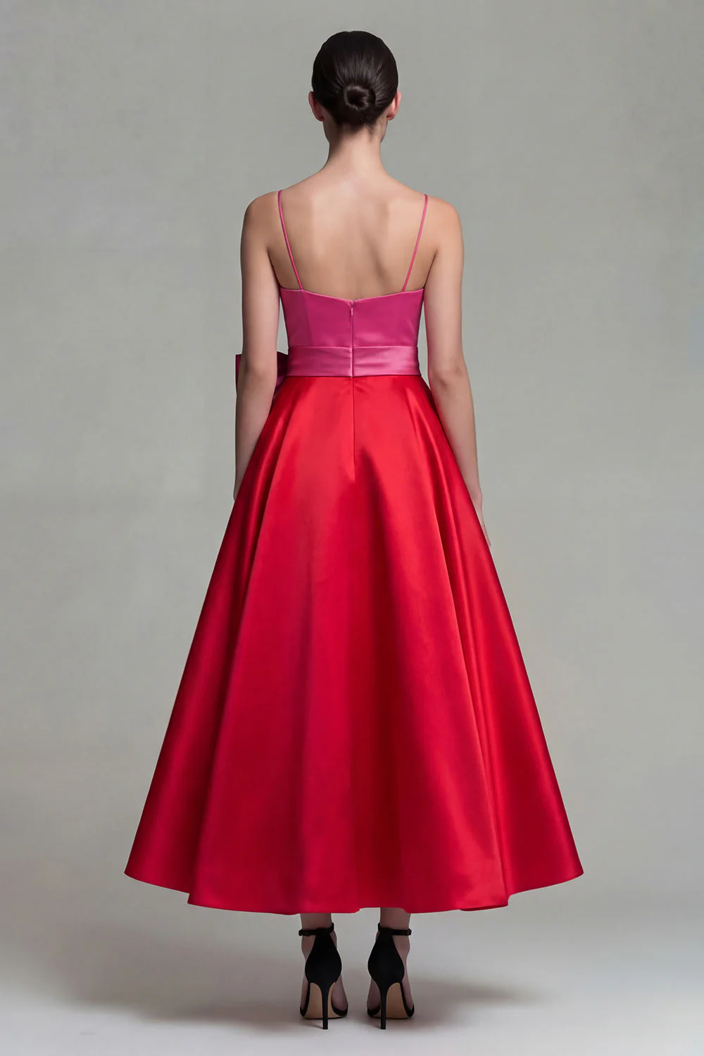 Fuksja i czerwień A-linia satynowe ramiączka na ramiączkach Midi Formal Dress z kokardą - Image 2