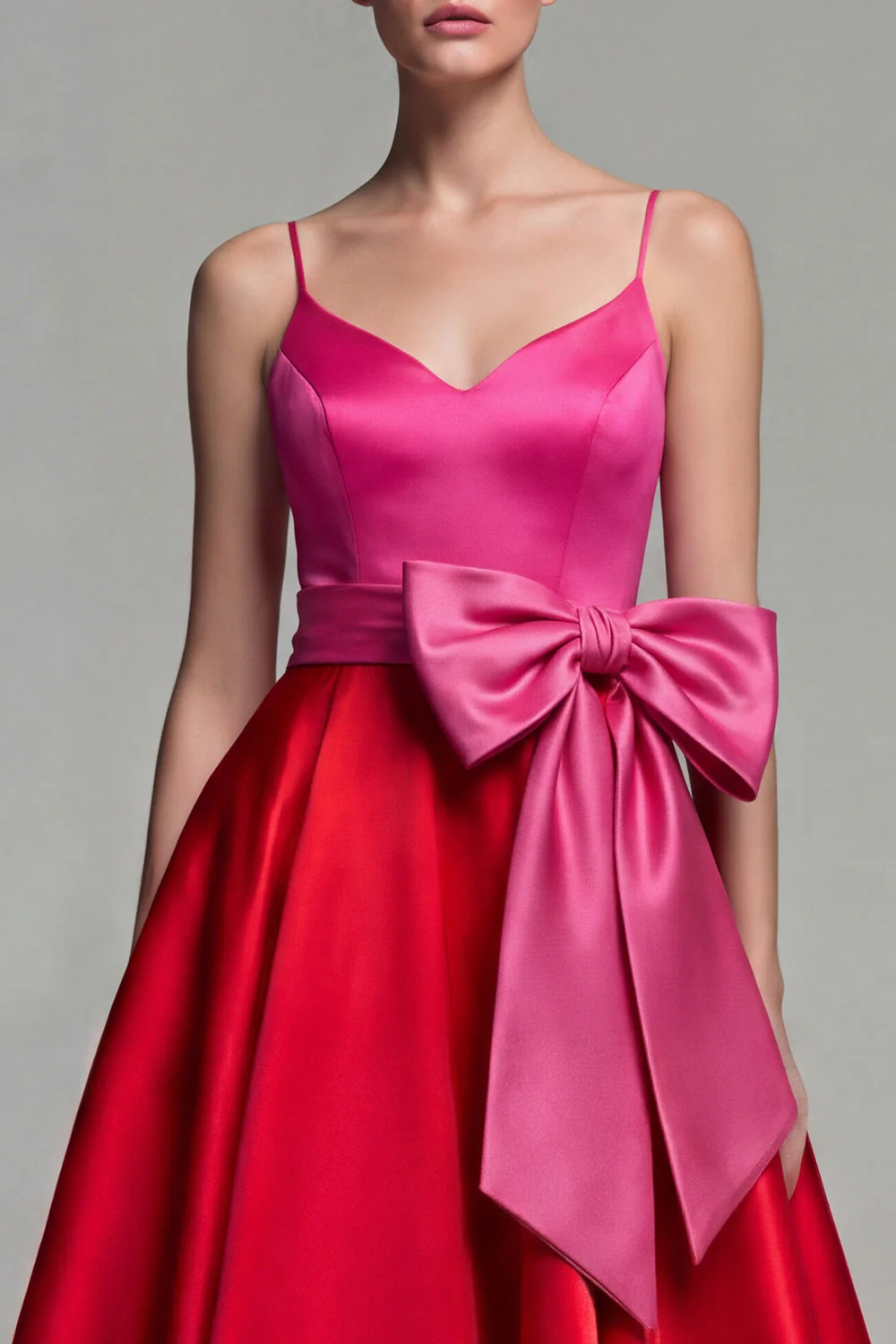 Fuksja i czerwień A-linia satynowe ramiączka na ramiączkach Midi Formal Dress z kokardą - Image 3