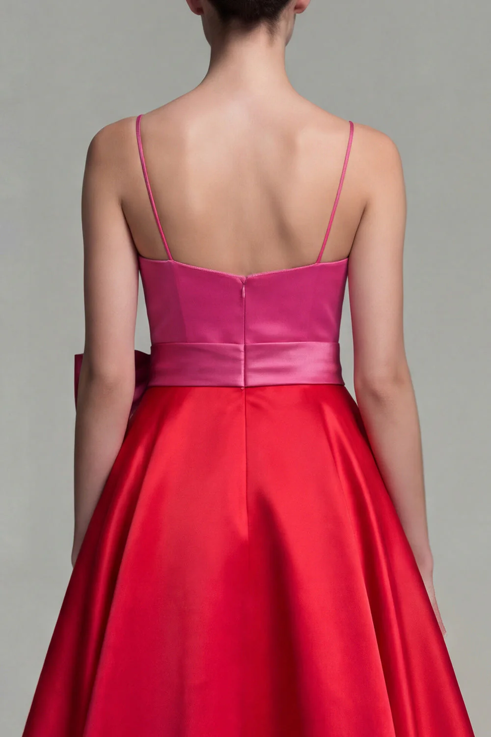Fuksja i czerwień A-linia satynowe ramiączka na ramiączkach Midi Formal Dress z kokardą - Image 4