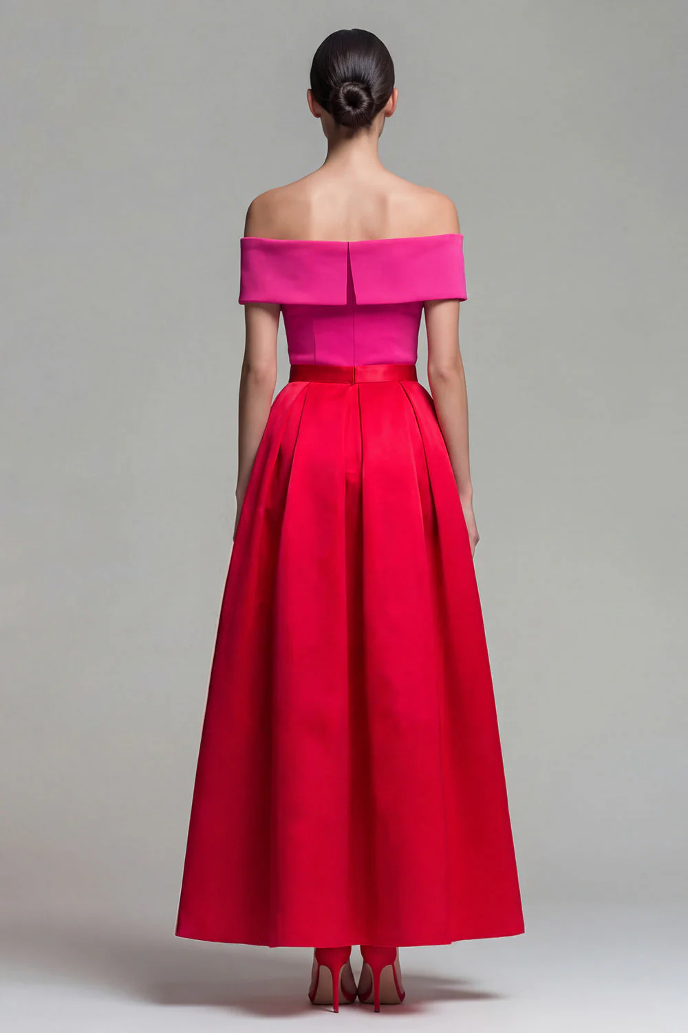 Fuksja i czerwona A Line Color Block Midi Formal Dress z odsłoniętymi ramionami - Image 2