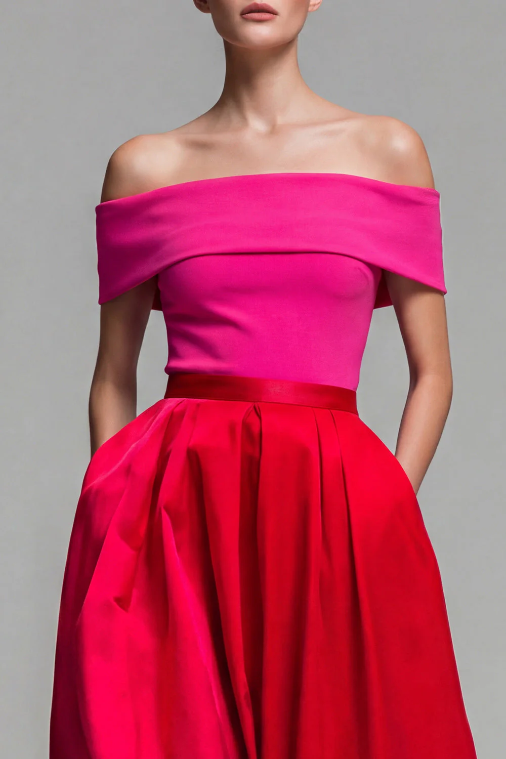 Fuksja i czerwona A Line Color Block Midi Formal Dress z odsłoniętymi ramionami - Image 3