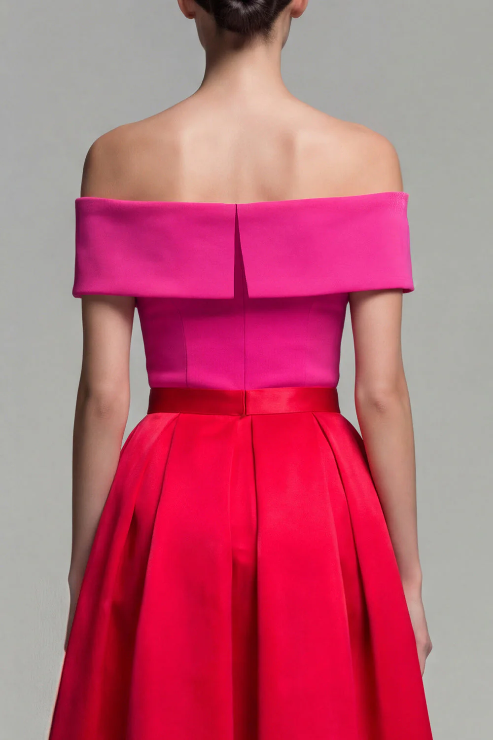 Fuksja i czerwona A Line Color Block Midi Formal Dress z odsłoniętymi ramionami - Image 4