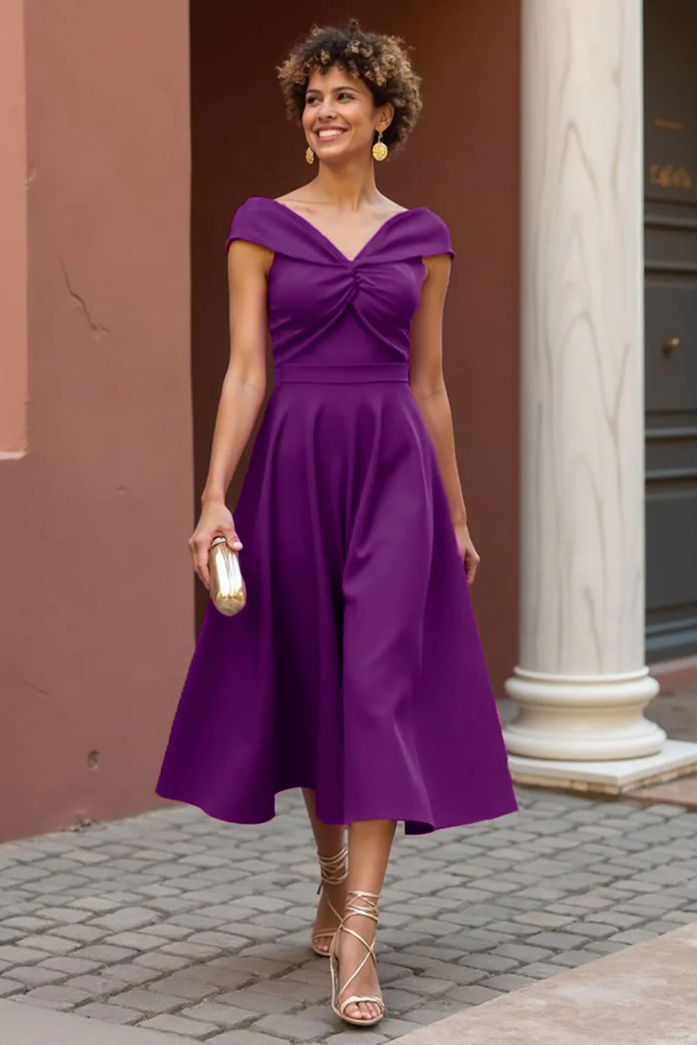 Fuksja Off The Shoulder Linia Matka Panny Młodej Sukienka - Image 3