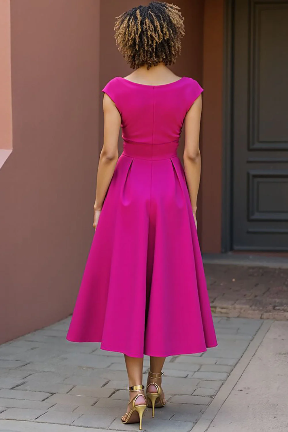 Fuksja V Neck Linia Midi Sukienka Matki Panny Młodej - Image 2