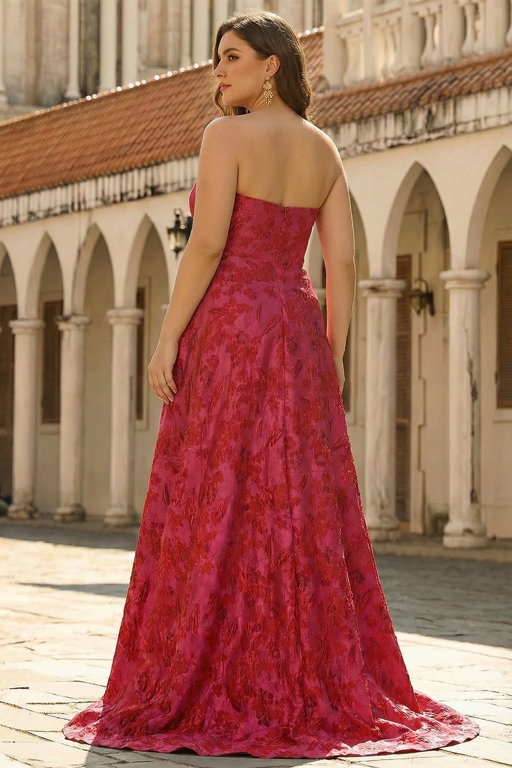 Fuksjowa kwiatowa, długa sukienka na bal plus size w kształcie litery A-line - Image 2